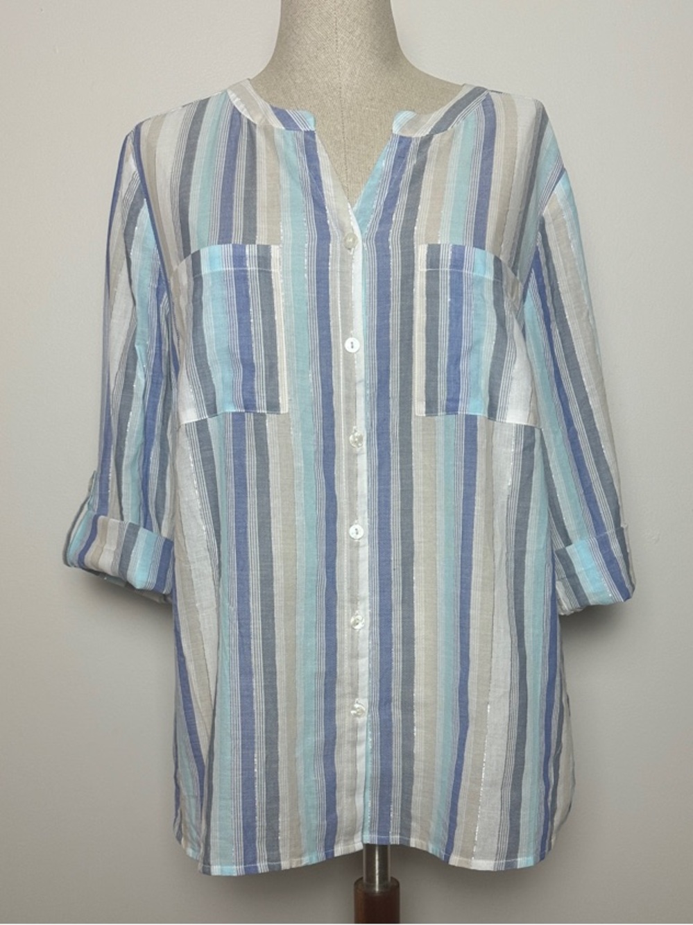 Chico's Blue and White Striped Button-Down Shirt with metallic thread detail